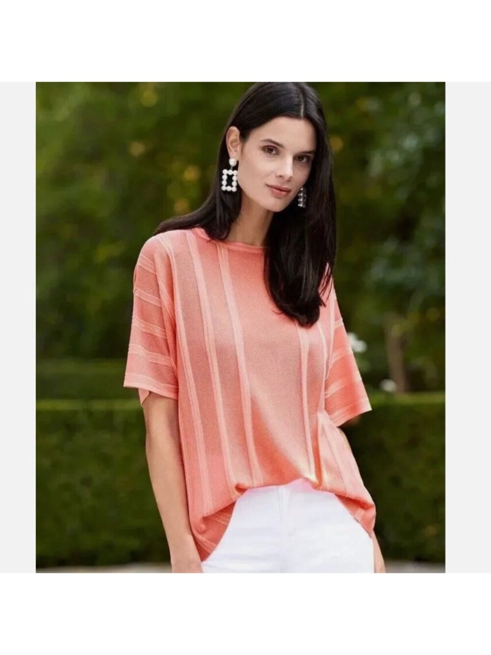 Ming Wang Textured Tonal Stripe Knit Short Dolman Sleeve Coral Tunic Top S